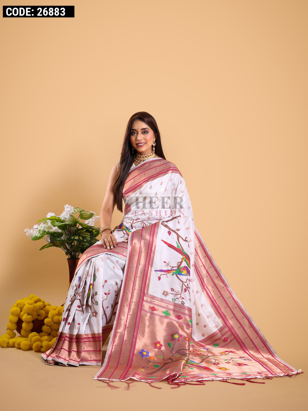 Paithani Soft Silk Saree with Zari Weaving and Contrast Blouse