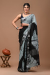 Black and gray color linen cotton saree with shibori printed work