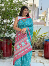Firoji color soft cotton saree with block printed work
