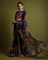 Designer navy blue color georgette saree with embellished sequins & floral print