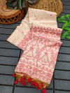 Off white and red color soft muga cotton saree with jamdani weaving work