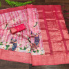 Baby pink color soft linen silk saree with digital peacock printed work