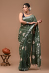 Mahendi green color linen cotton saree with shibori printed work