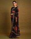 Designer black color georgette saree with embellished sequins & floral print
