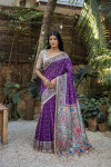 Purple color tussar silk saree with madhubani printed work