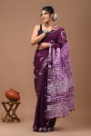 Magenta color linen cotton saree with shibori  printed work