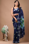 Navy blue color linen cotton saree with shibori printed work