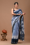 Sky blue and navy blue color linen cotton saree with shibori printed work