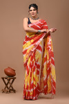 Yellow and red color linen cotton saree with shibori printed work