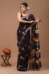Black color linen cotton saree with sibori printed work