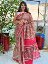 Pink color soft cotton saree with printed work