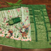 Green color soft linen silk saree with digital peacock printed work