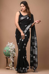 Black color linen cotton saree with shibori  printed work