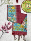 Maroon color soft tussar silk saree with kalamkari & digital printed work