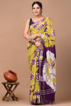 Yellow and magenta color linen cotton saree with shibori printed work