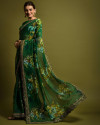 Designer green color georgette saree with embellished sequins & floral print