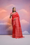 Red color handloom raw silk saree with contrast weaving work