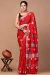 Red color linen cotton saree with shibori printed work