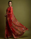 Designer red color georgette saree with embellished sequins & floral print