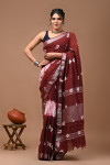 Maroon color linen cotton saree with shibori printed work