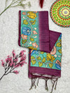 Wine color soft tussar silk saree with kalamkari & digital printed work