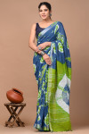 Firoji and green color linen cotton saree with shibori printed work