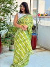 Parrot green color soft cotton saree with block printed design