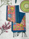 Firoji color soft tussar silk saree with kalamkari & digital printed work