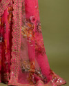 Designer rani pink color georgette saree with embellished sequins & floral print