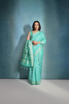 Sea green color khadi raw silk saree with zari weaving work