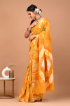 Yellow color linen cotton saree with shibori printed work
