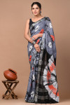 Gray and black color linen cotton saree with shibori printed work