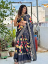 Black color soft dola silk saree with jacquard border & floral printed design