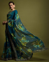 Designer rama green color georgette saree with embellished sequins & floral print