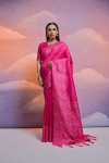 Rani pink color handloom raw silk saree with contrast weaving work