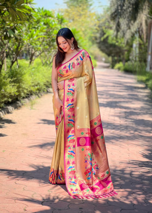 Beige color soft tissue paithani silk saree with zari weaving work