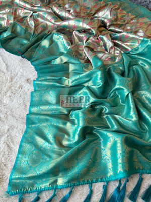 Firoji color dharmavaram banarasi silk saree with zari weaving work