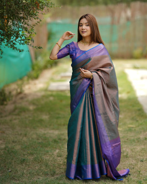 Rama green color soft kanjivaram silk saree with zari weaving work