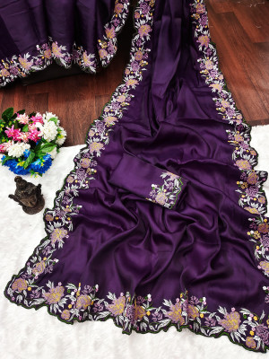 Purple color fancy tussar silk saree with embroidery & cutwork border