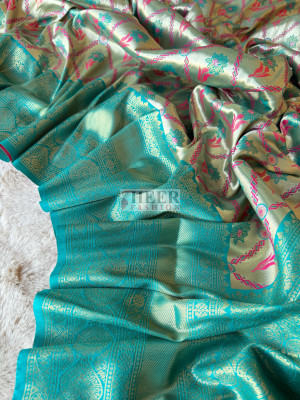 Firoji color dharmavaram banarasi silk saree with zari weaving work