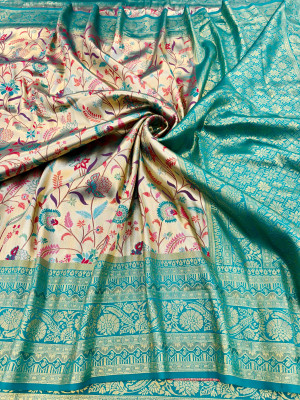 Firoji color dharmavaram banarasi silk saree with zari weaving work