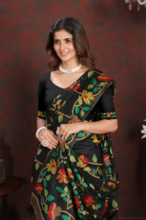 Black color soft jamdani cotton saree with woven design