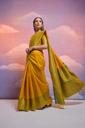 Yellow color handloom raw silk saree with contrast weaving work