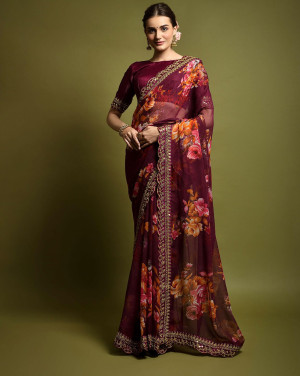 Designer wine color georgette saree with embellished sequins & floral print