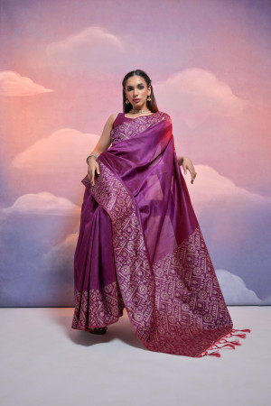 Wine color handloom raw silk saree with contrast weaving work