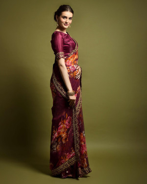 Designer wine color georgette saree with embellished sequins & floral print