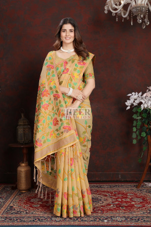 Beige color soft jamdani cotton saree with woven design