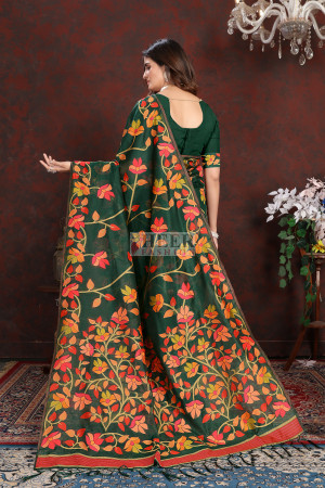 Green color soft jamdani cotton saree with woven design