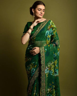 Designer green color georgette saree with embellished sequins & floral print