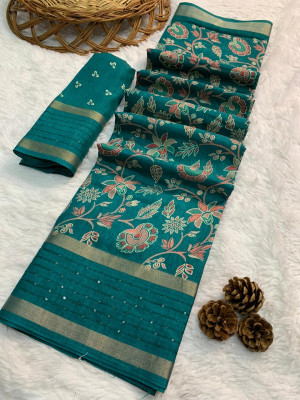 Rama green color soft dola silk saree with flower printed work
